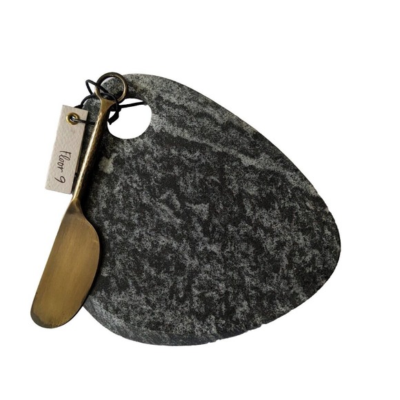 FLOOR 9 SMALL Gray MARBLE 7" cheese snack BOARD & brass metal SPREADER Knife New - Picture 1 of 5
